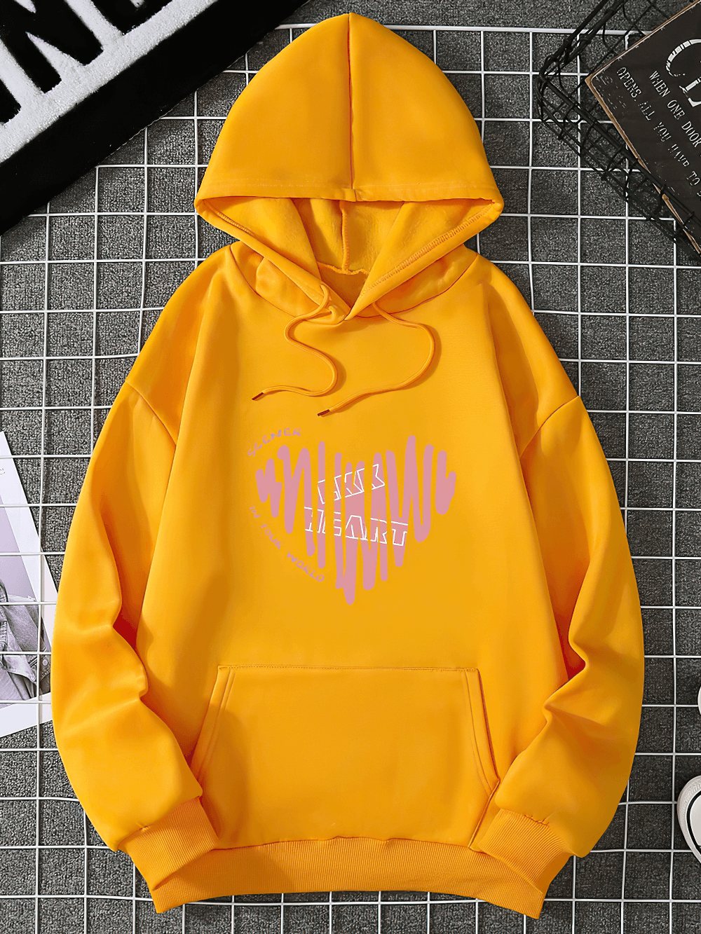 Women's Heart Print Casual Sports Hoodie - SF4528 yellow hoodie with heart graphic, kangaroo pocket, long sleeves, casual sporty vibe