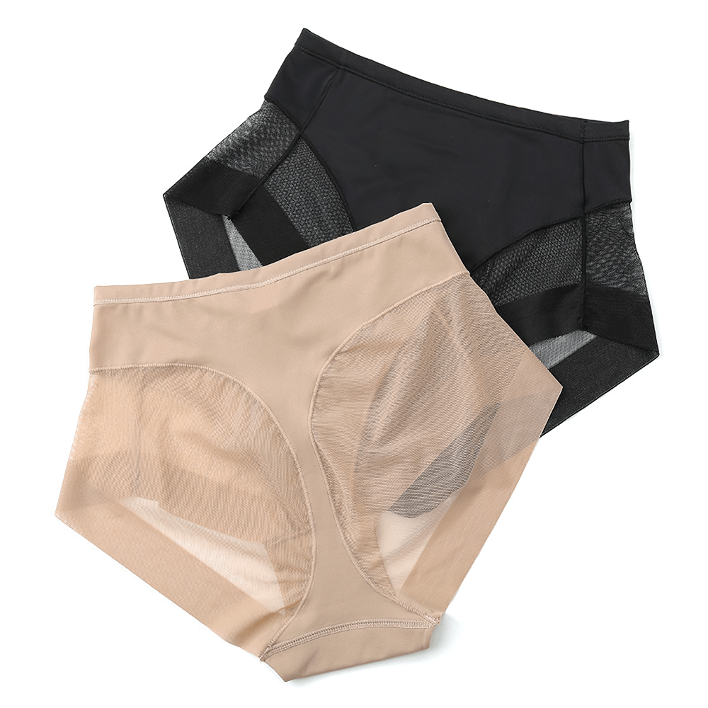 Stylish black and beige women's shapewear briefs with mesh panels, offering tummy control and butt lifting. Perfect everyday or sexy lingerie.