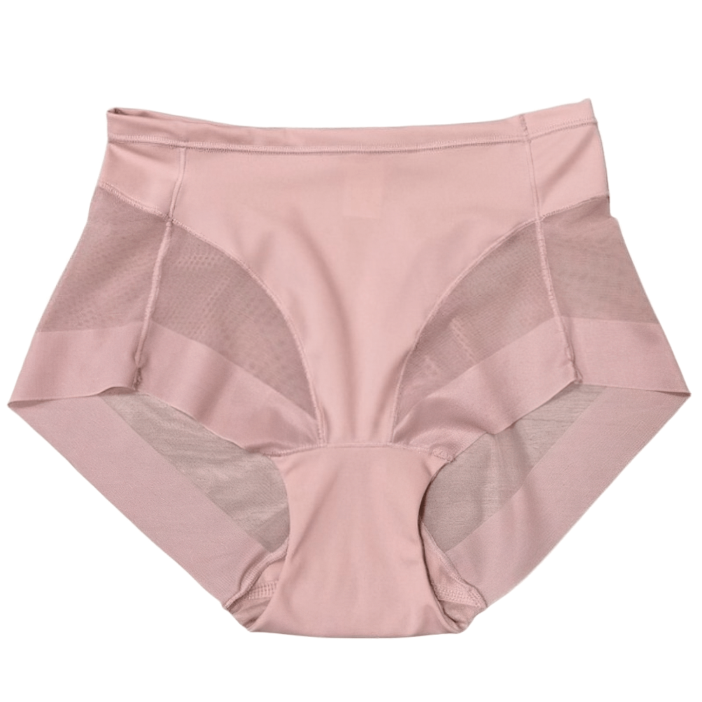 Women's high-rise shapewear briefs with mesh panel, tummy control, butt lifting, seamless fit in blush pink.