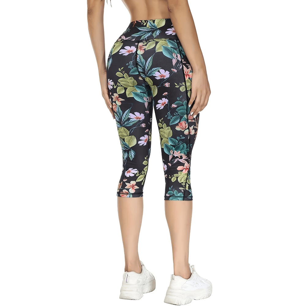 Floral Women's High Waist Capri Leggings with Pockets - SF4162 for fitness and gym workouts.