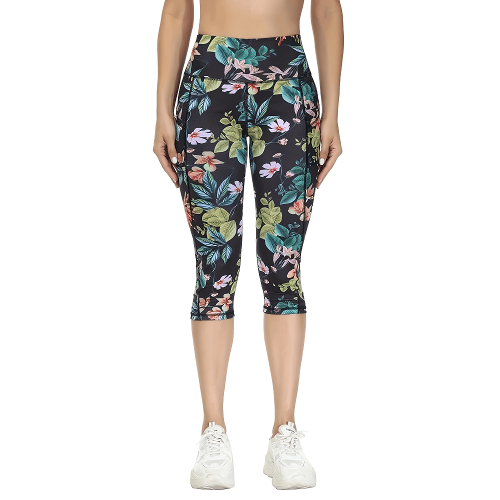 Women's High Waist Capri Leggings with Pockets - SF4162, floral pattern, ideal for yoga and gym workouts, tummy control, non-see-through.