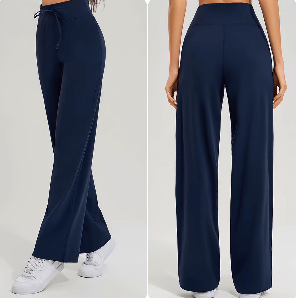 Women's high-waist flared yoga pants with pockets, navy blue, elastic waist, full-length, perfect for yoga and running - SF2396