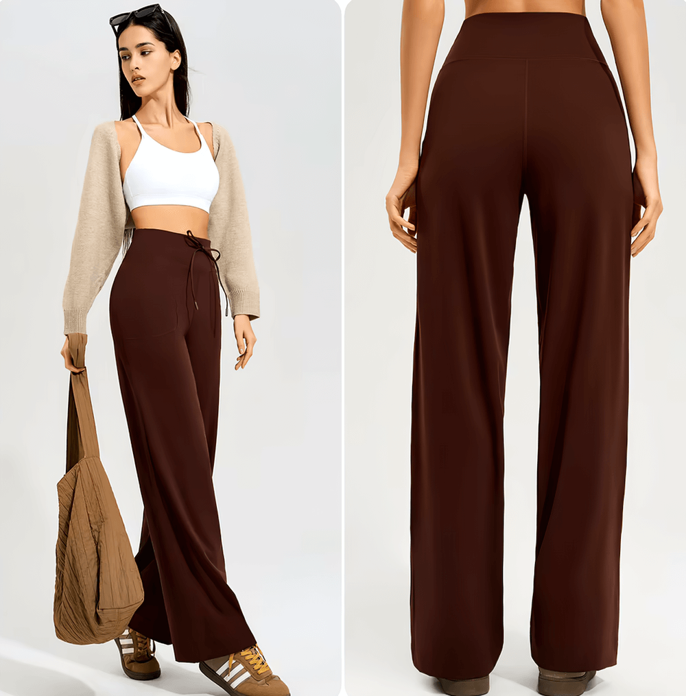 Fashionable high-waist flared yoga pants with pockets in brown, perfect for workout sessions and casual wear.