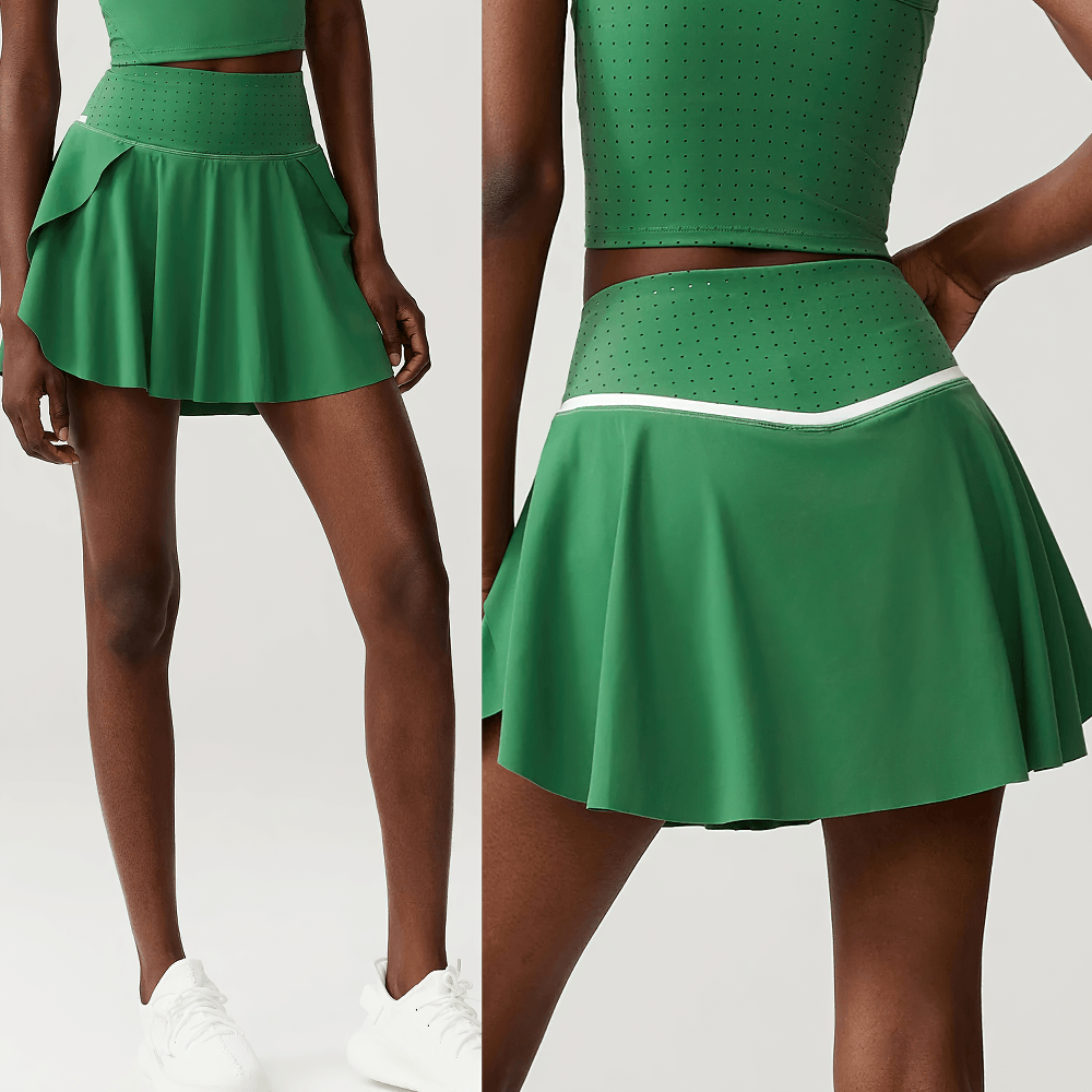 Alt Tag: Women's High Waist Tennis Skirt with Shorts - SF4470 green pleated skort with built-in shorts, elastic waist, quick-dry activewear