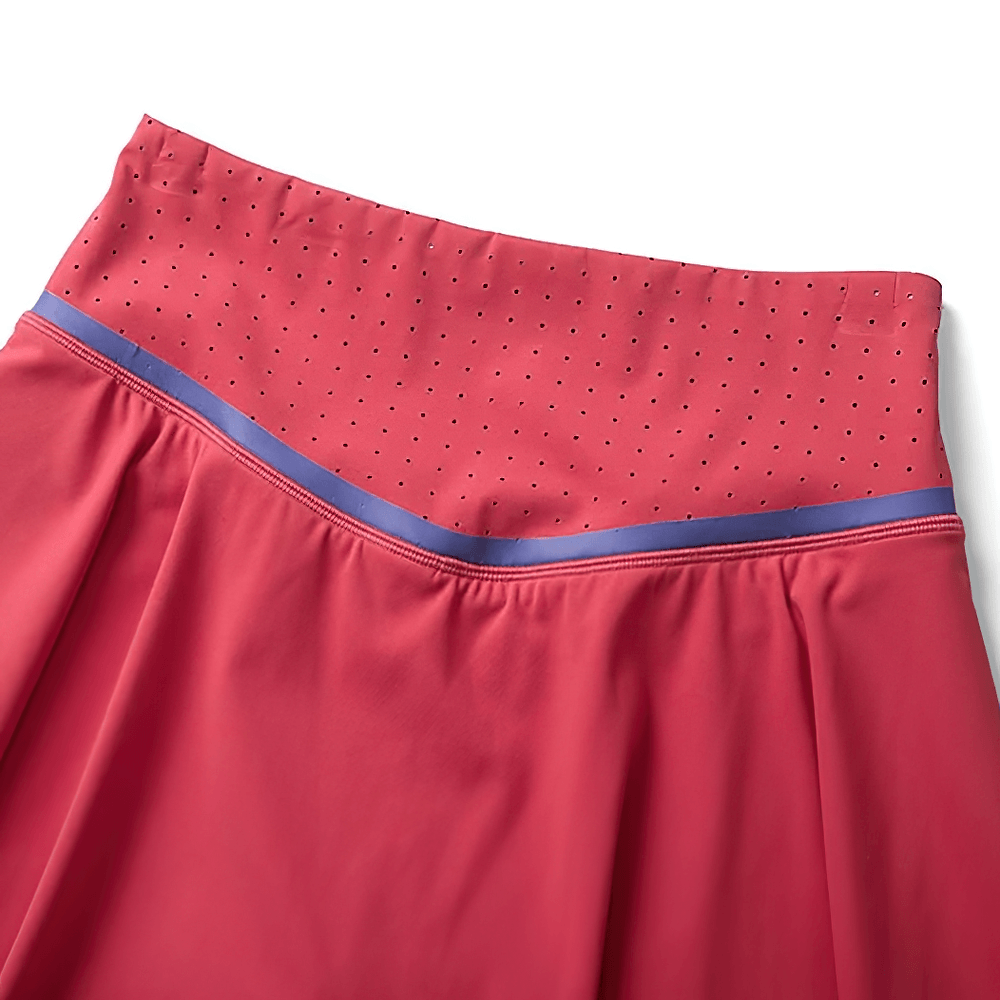 Alt Tag: Women's High Waist Tennis Skirt with Shorts - SF4470 close-up of perforated high waist band and pleated quick-dry skort fabric