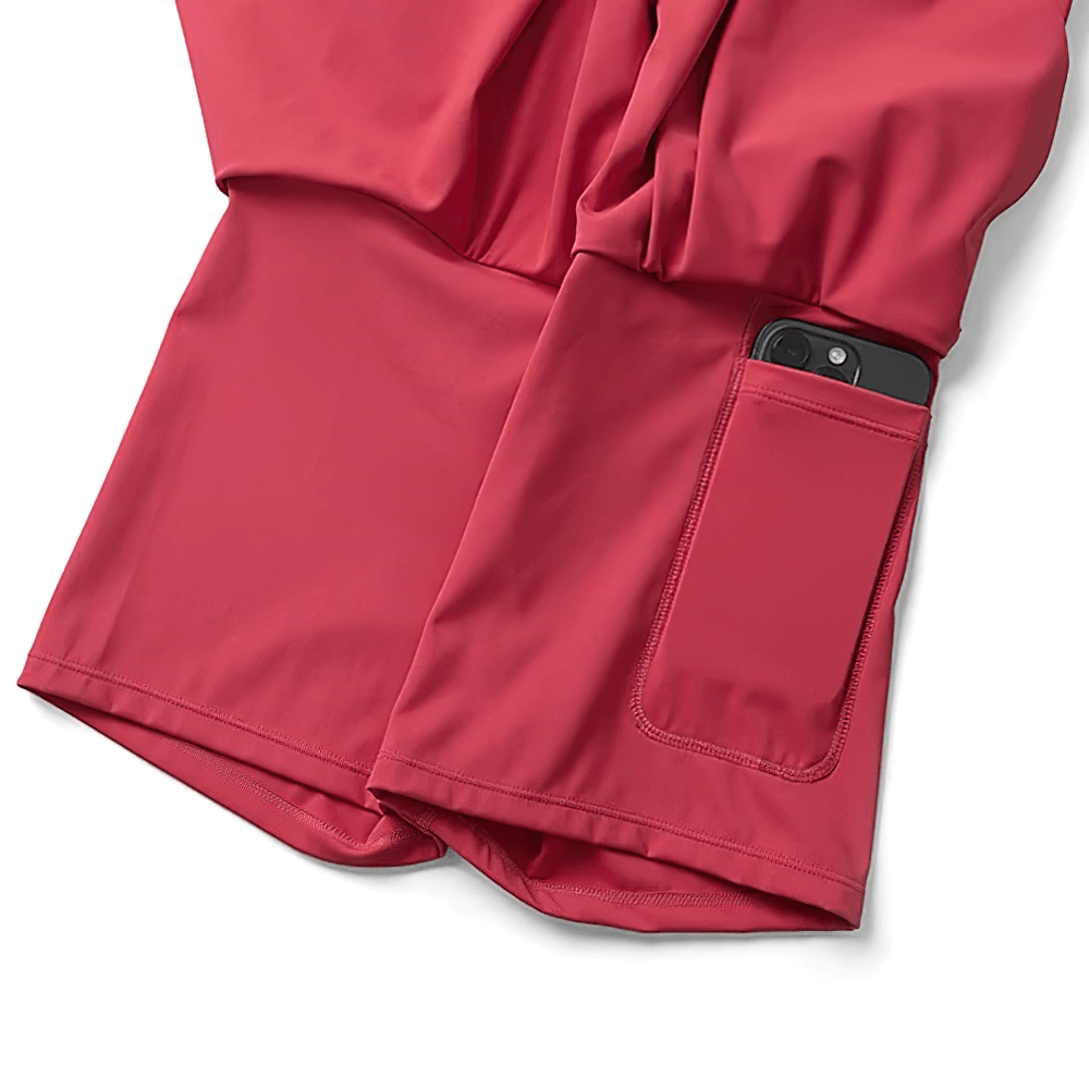 Alt Tag: Women's High Waist Tennis Skirt with Shorts - SF4470 red skort with built-in shorts, pleated hem, stretchy waist, phone pocket