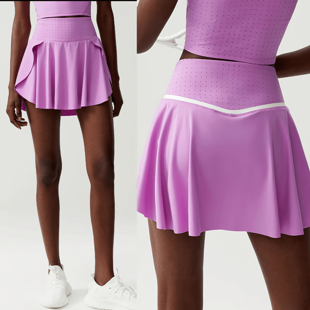 Alt Tag: Women's High Waist Tennis Skirt with Shorts - SF4470 in lilac, pleated hem skort with built-in shorts, high-rise elastic waist