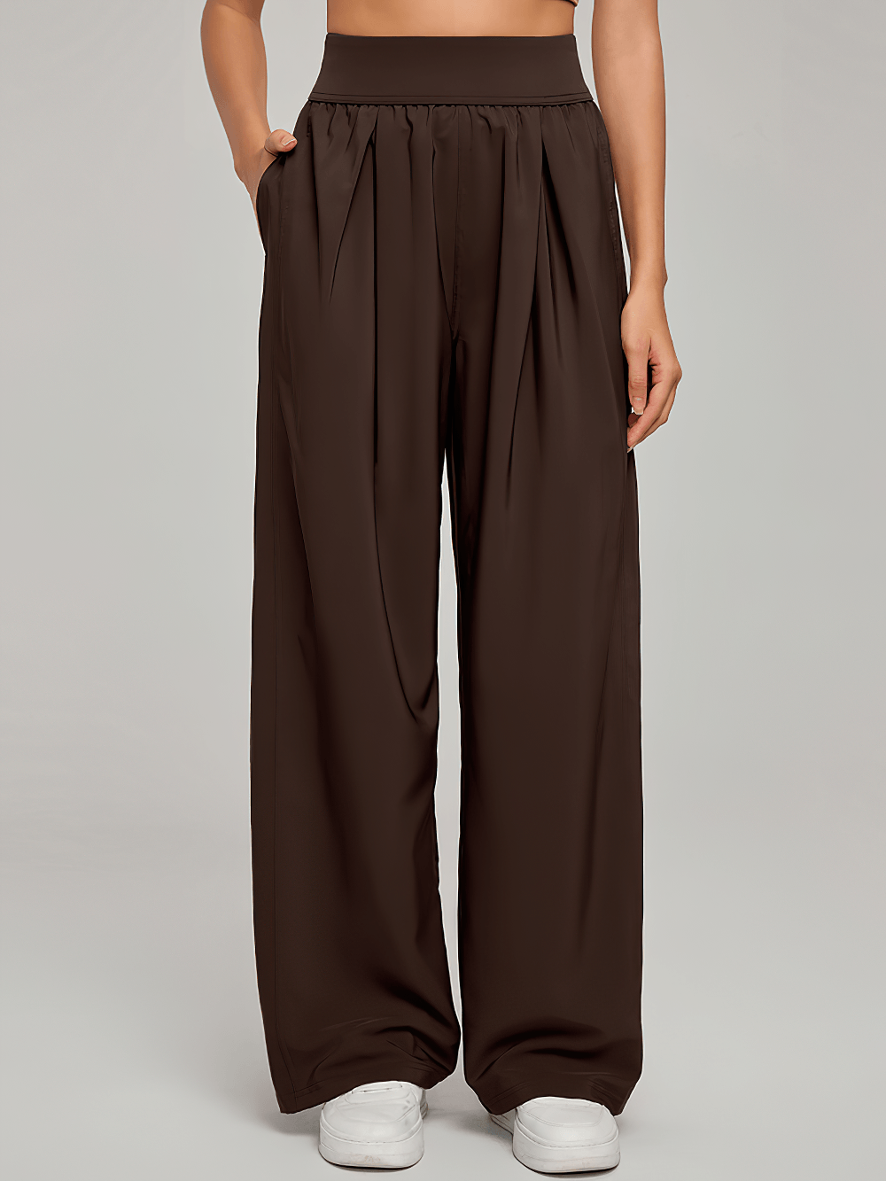 Alt Tag: Women's High Waist Wide Leg Pleated Sports Pants - SF4499 in brown, high-rise elastic waist, wide leg pleats, side pockets