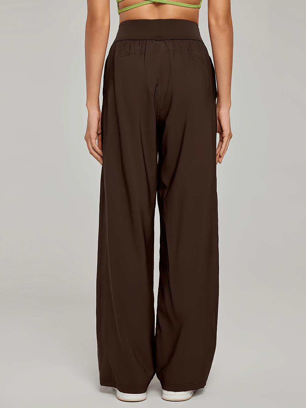 Alt Tag: Women's High Waist Wide Leg Pleated Sports Pants - SF4499 brown wide leg pleated yoga pants with elastic high waist and side pockets