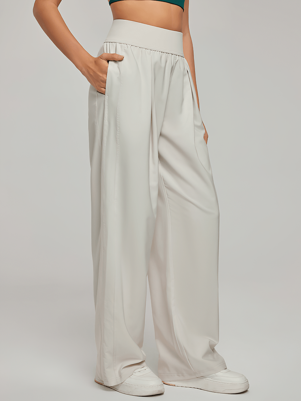 Alt Tag: Women's High Waist Wide Leg Pleated Sports Pants - SF4499 in cream nylon, elastic high waist, pleated wide leg with pockets