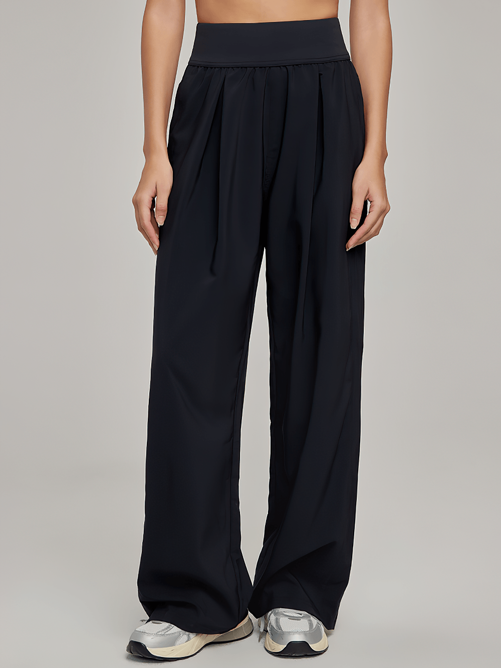 Alt Tag: Women's High Waist Wide Leg Pleated Sports Pants - SF4499 black wide-leg pleated breathable yoga pants with pockets