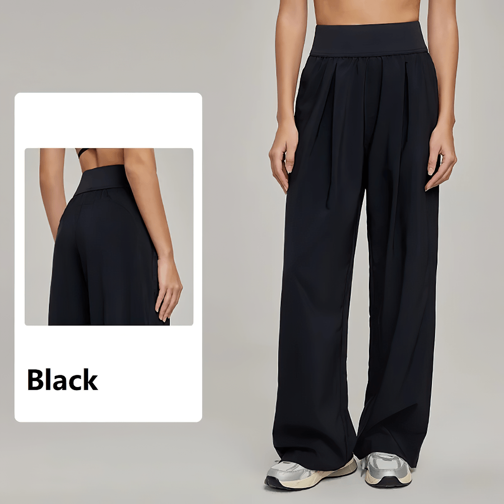 Alt Tag: Women's High Waist Wide Leg Pleated Sports Pants - SF4499 black high-waist wide leg pleated breathable nylon pants with pockets