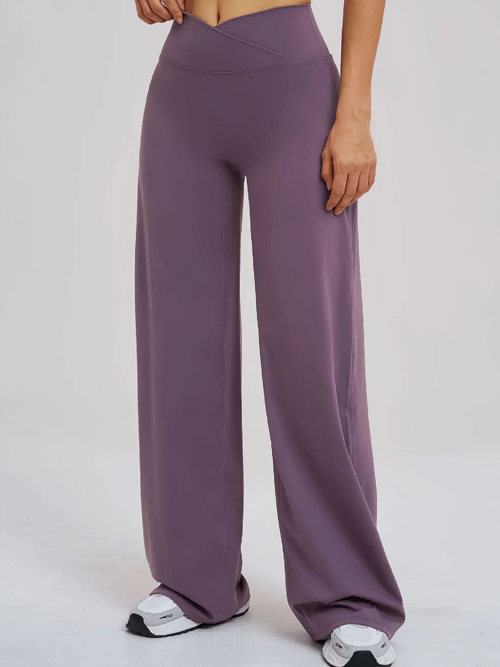 Alt Tag: Women's High-Waisted Flared Yoga Pants - SF4287 in purple, crossed waist full-length loose fit flared leggings for yoga and casual wear