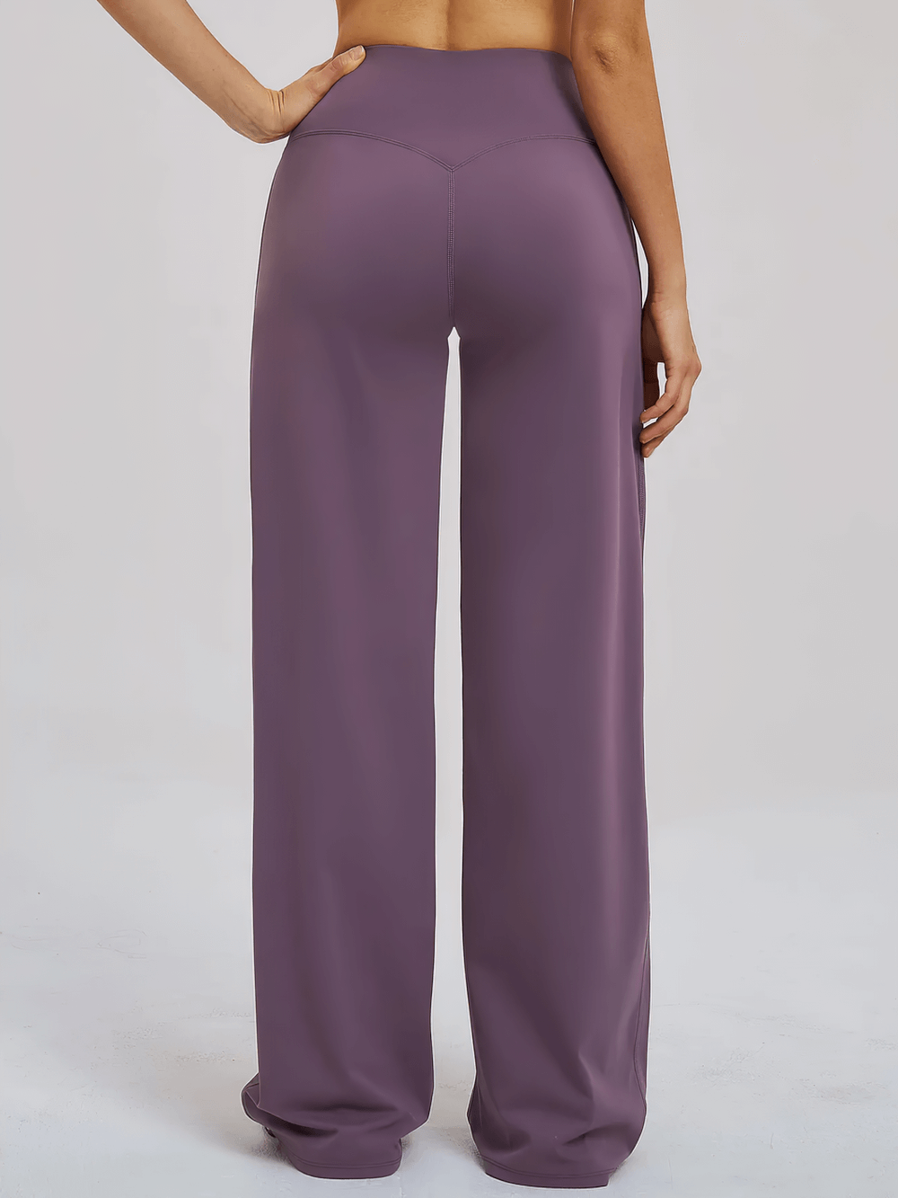 Alt Tag: Women's High-Waisted Flared Yoga Pants - SF4287 back view, high-waisted flared loose-fit yoga pants in purple, pocketless