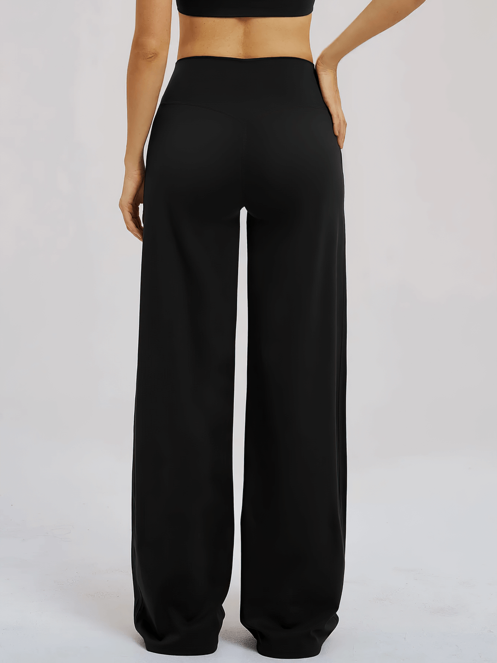 Alt Tag: Women's High-Waisted Flared Yoga Pants - SF4287 black full-length loose fit flared yoga pants back view, crossed waist, pocketless