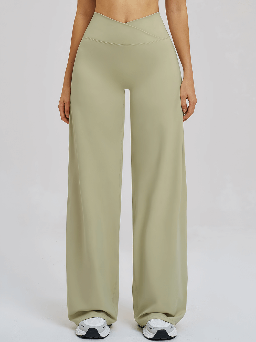 Alt Tag: Women's High-Waisted Flared Yoga Pants - SF4287 sage green crossed waist wide leg full-length loose fit yoga leggings front view