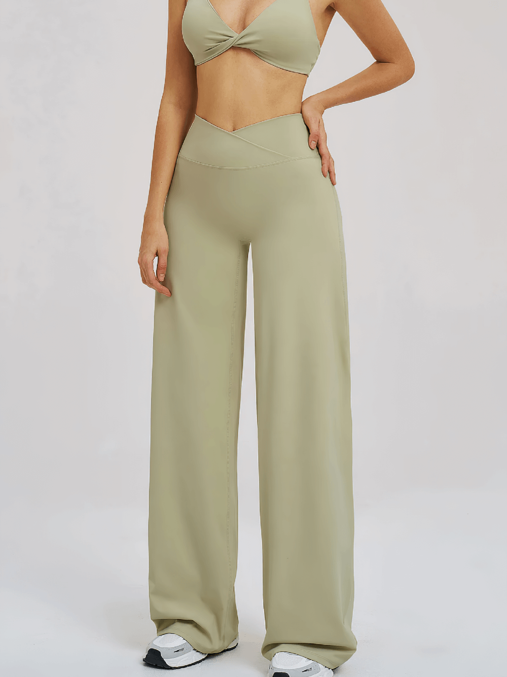 Alt Tag: Women's High-Waisted Flared Yoga Pants - SF4287 sage green crossed waist full-length wide leg yoga pants for women