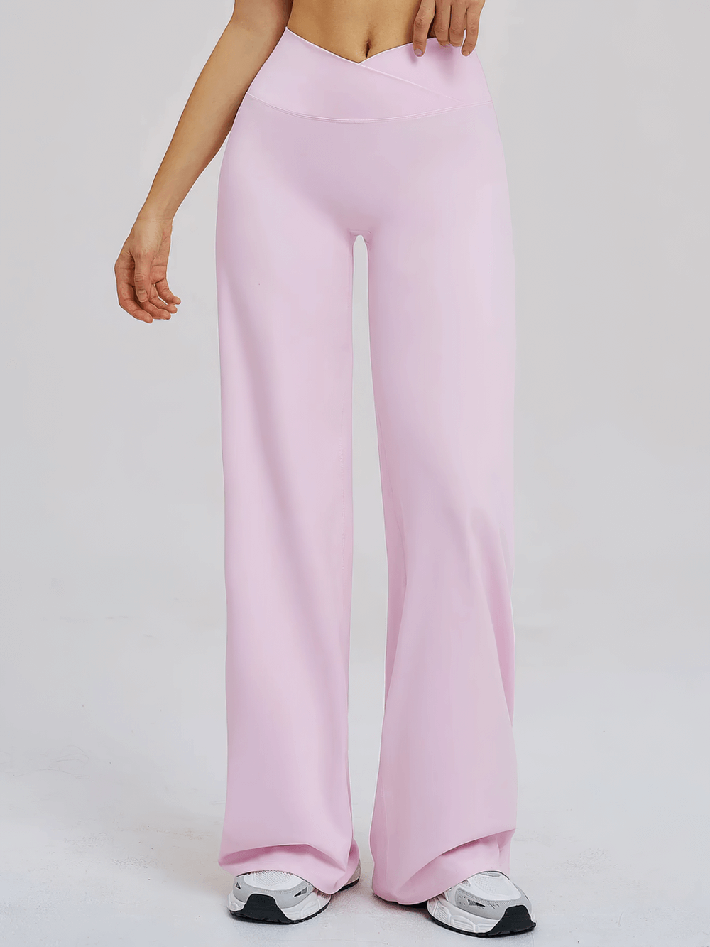 Alt Tag: Women's High-Waisted Flared Yoga Pants - SF4287 light pink crossed waist full-length flared yoga pants, loose fit activewear