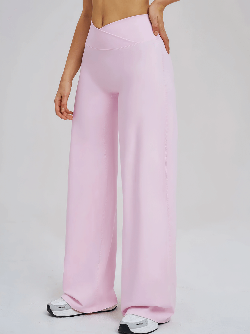 Women's High-Waisted Flared Yoga Pants - SF4287 in soft pink, crossed high waist, full-length wide-leg flare, sleek pocketless fit