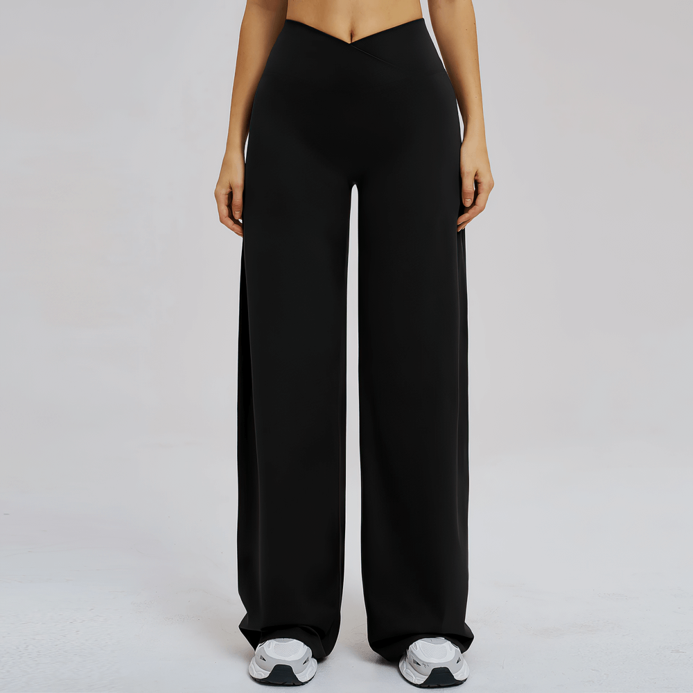 Alt Tag: Women's High-Waisted Flared Yoga Pants - SF4287 black crossed waist full-length flare leggings, sleek pocketless loose-fit workout pants