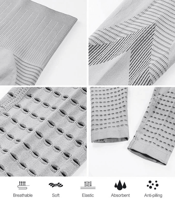 Close-up of gray women's hollow seamless high-waisted leggings, showing breathable fabric and design features for fitness.