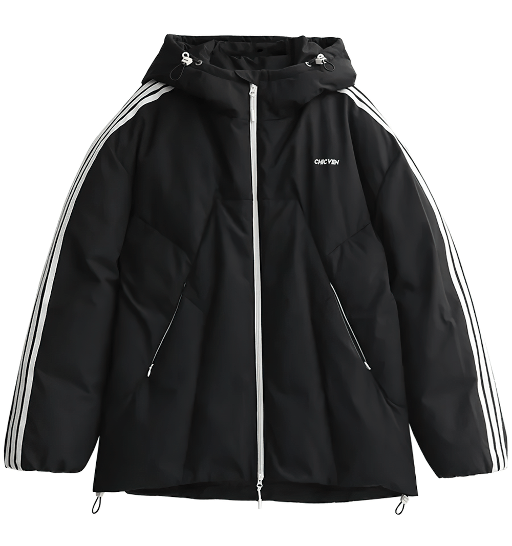 Women's hooded striped duck down winter jacket, streetwear style, black with white stripes, full sleeves, optimal insulation.