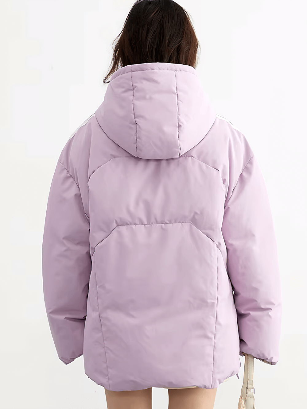 Back view of a pastel purple women's hooded duck down winter jacket with a loose fit, perfect for stylish streetwear.