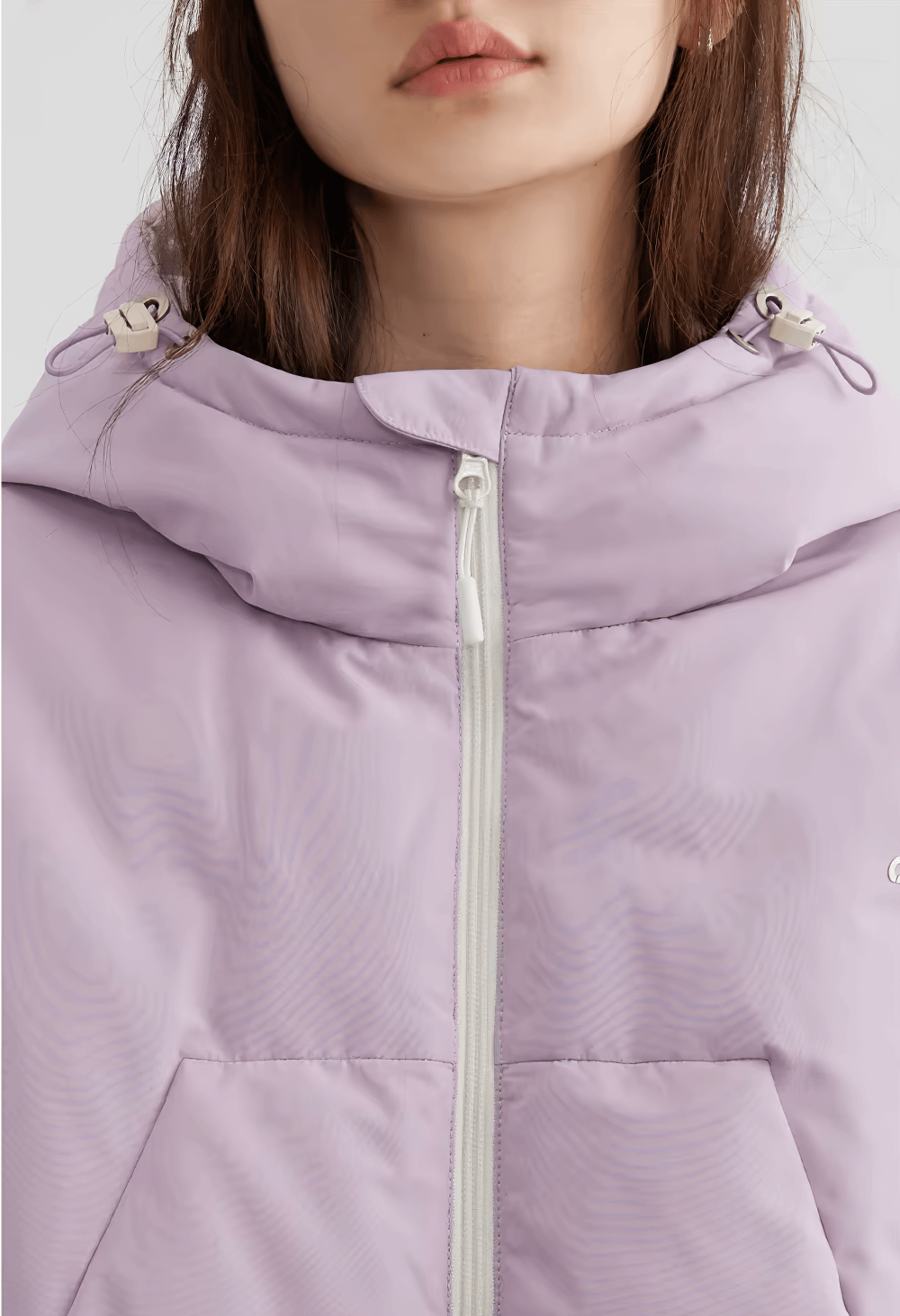 Women's lavender hooded striped down jacket close-up with zipper, streetwear style, polyester fabric, SF2311 model.