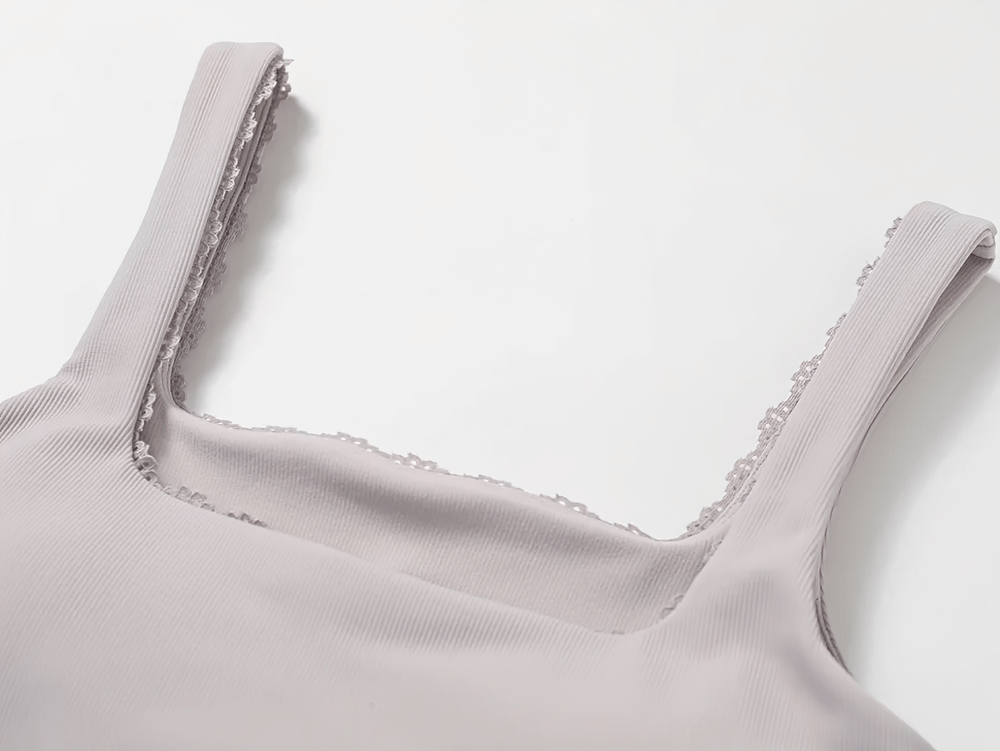 Women's lace-trim ribbed cropped tank top with square neckline, perfect for yoga or casual styling.