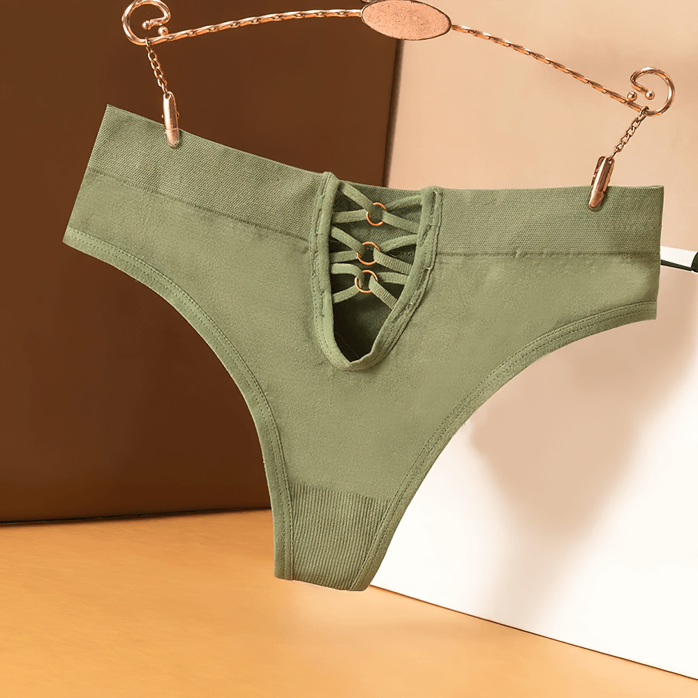 Olive green women's low-rise thong panties with chic front lace-up detail on elegant hanger.