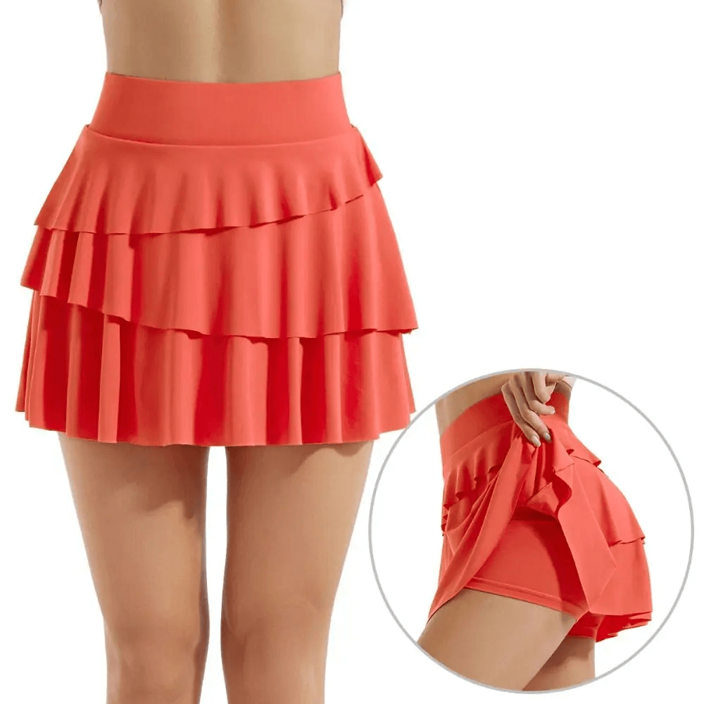 Women's Layered Skirt with Pockets and Shorts - SF4565 showcasing ruffle design and built-in shorts for comfort.