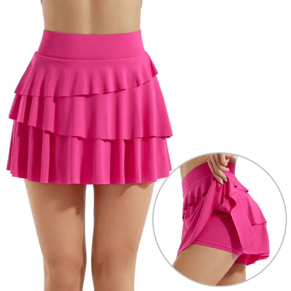 Women's Layered Skirt with Pockets and Shorts - SF4565 in vibrant pink, featuring a tiered ruffle design and built-in shorts.