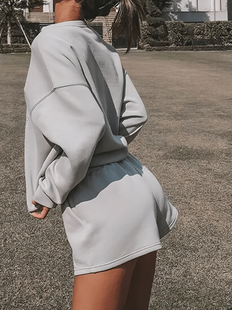 Women's letter embroidery solid color sweatshirts and shorts set, perfect for casual and outdoor wear, showcasing comfort and style.