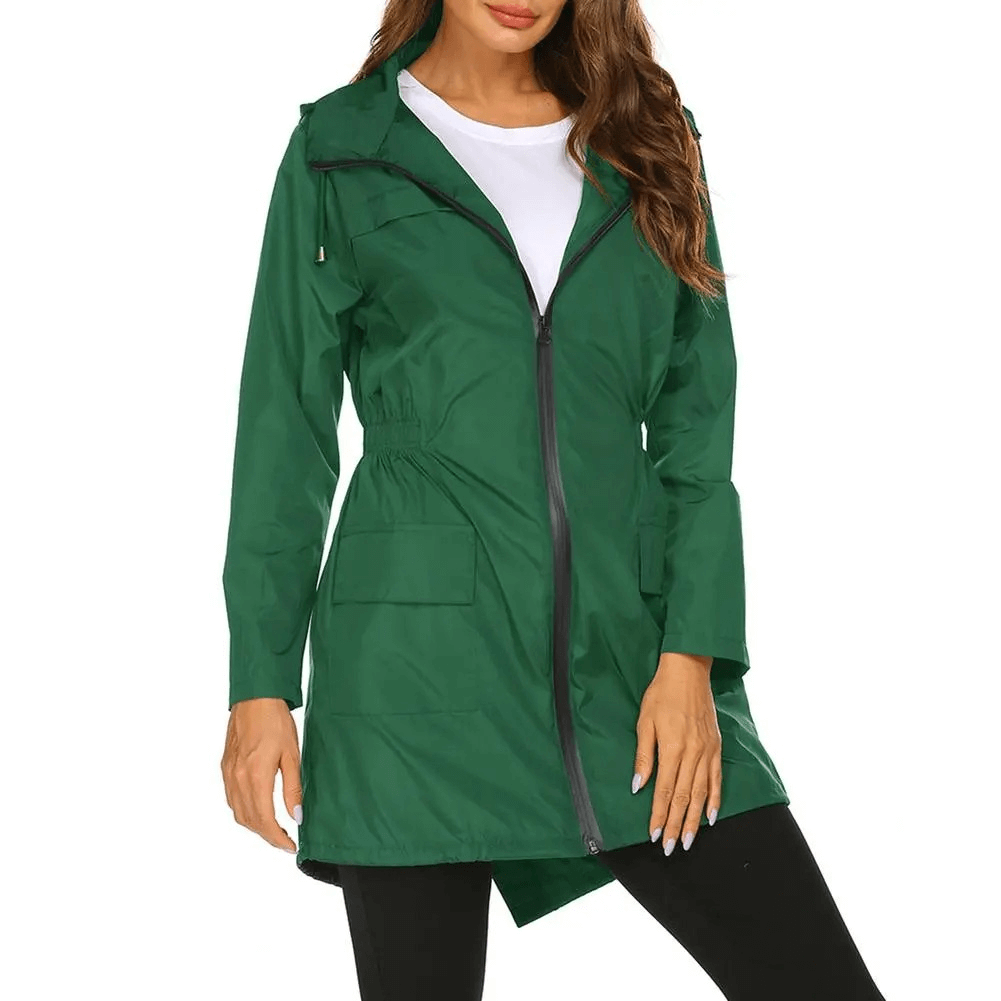 Women's green lightweight hooded long raincoat jacket SF1926 with asymmetric hem and zippered closure, perfect for staying stylish and dry.