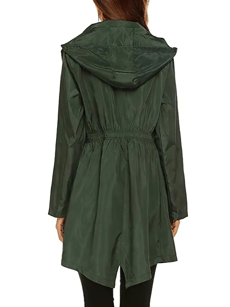 Women's green hooded long raincoat jacket, back view, featuring adjustable hood and asymmetric hem.