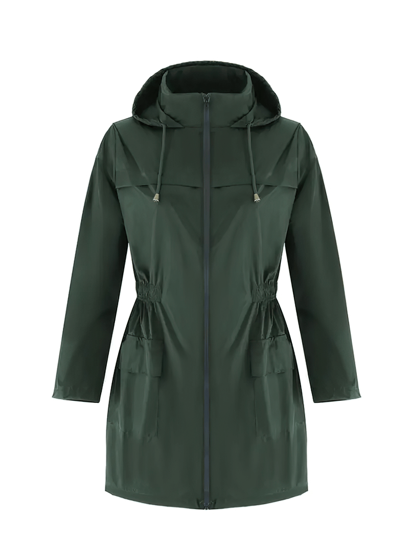 Women's lightweight hooded raincoat SF1926, solid dark green, water-repellant polyester with pockets and adjustable hood.