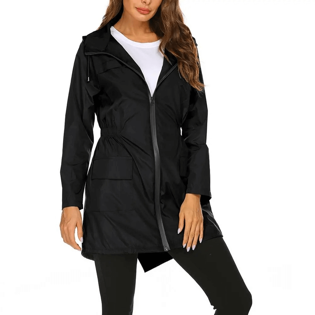 Women's lightweight long raincoat jacket with hood, water-repellent polyester, asymmetric hem, zip closure, and pockets - SF1926