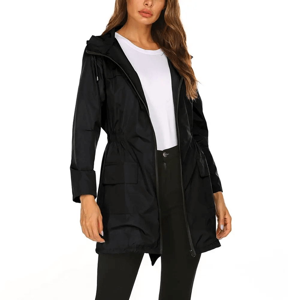 Women's black hooded long raincoat jacket SF1926, featuring an asymmetric design and zippered closure for style and rain protection.