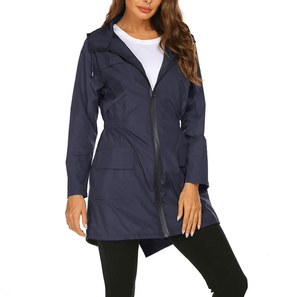 Women's lightweight hooded raincoat jacket SF1926 in navy blue with zip closure and pockets, perfect for stylish wet-weather protection.