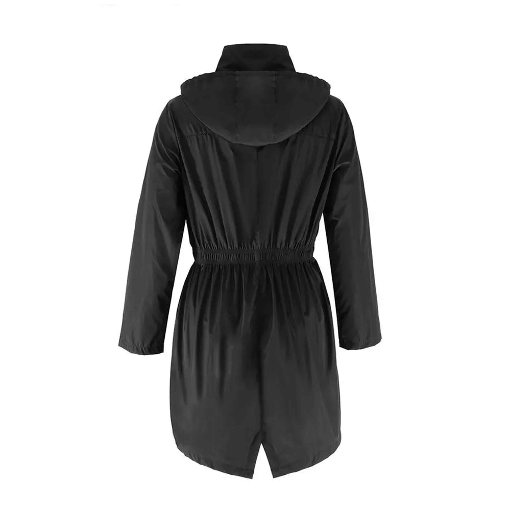 Back view of Women's Lightweight Hooded Long Raincoat Jacket in black. Features water-repellent fabric and adjustable hood for weather protection.