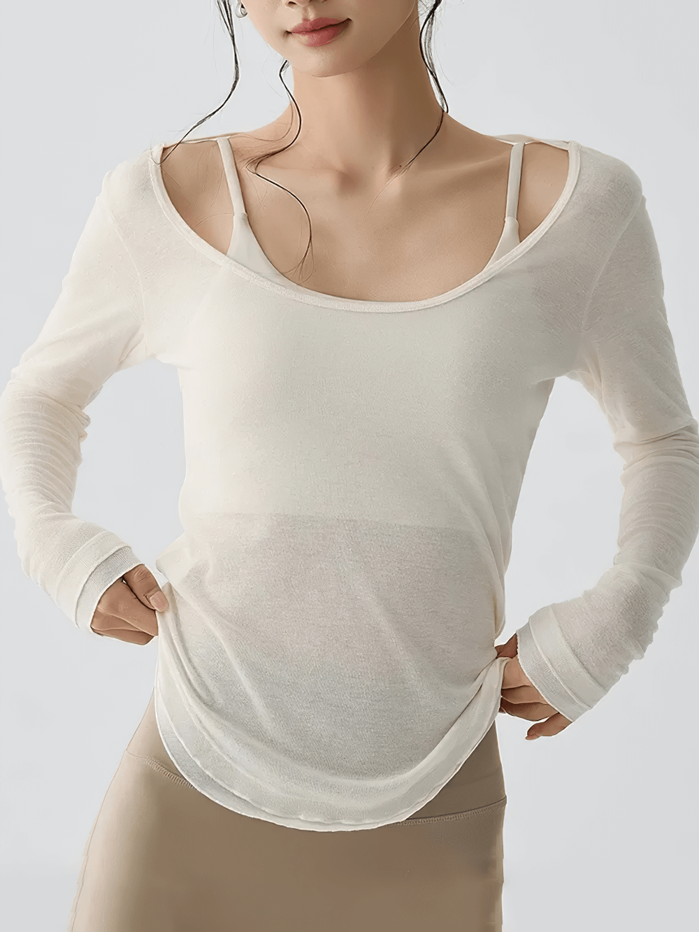 Women's Long Sleeve Yoga Top with Breathable Fabric - SF4210 in white, showcasing its elegant design and comfortable fit for workouts.