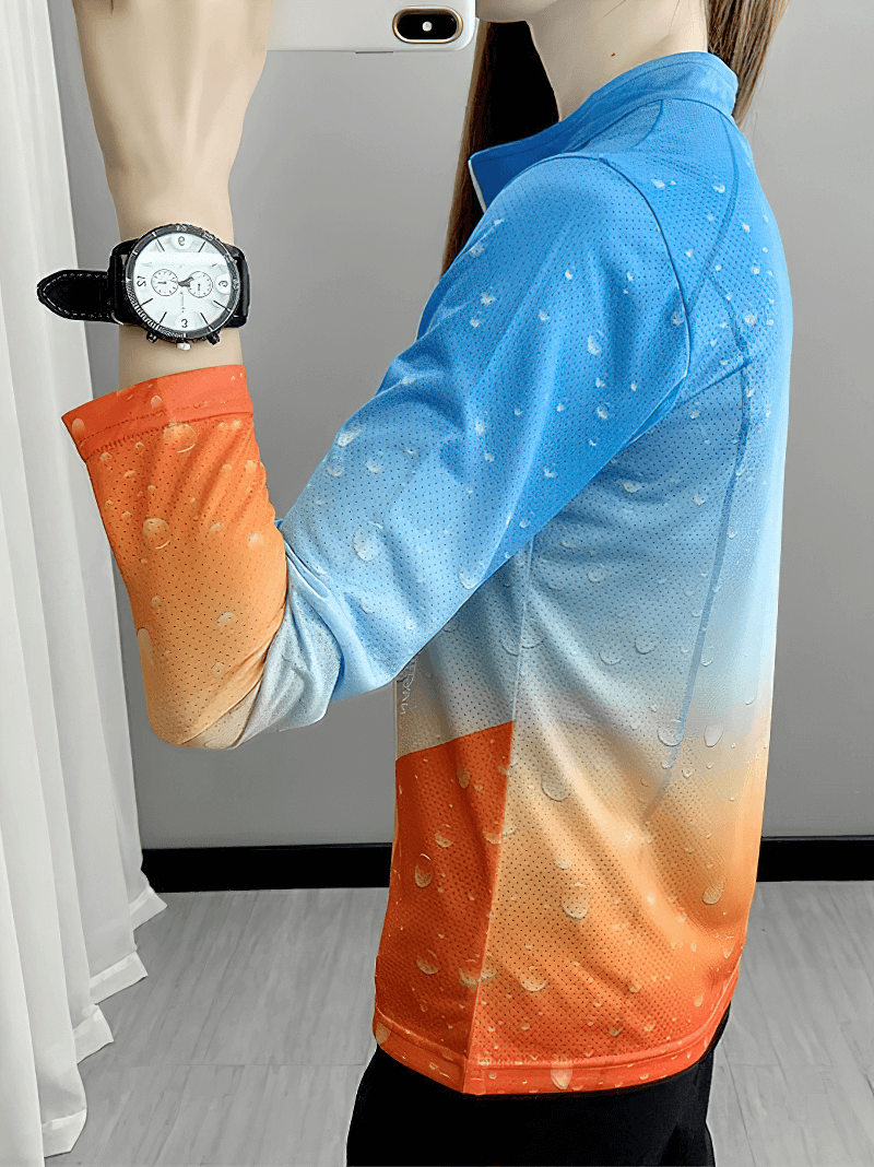 Alt Tag: Women's long-sleeved stand-up collar loose ice silk top with blue and orange gradient design, side view.
