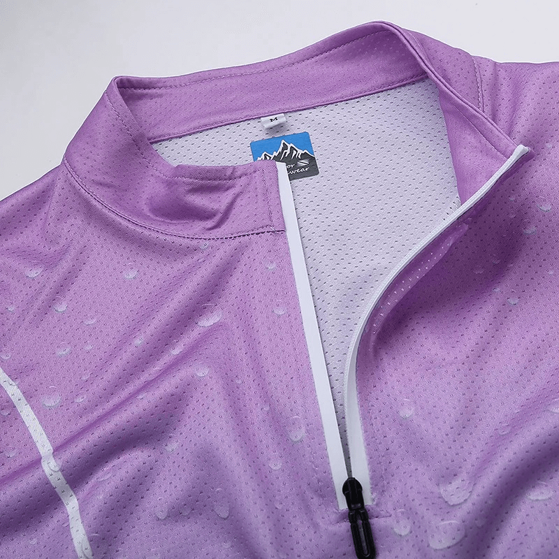 Close-up of a purple women's long-sleeved ice silk top with stand-up collar and front zipper.