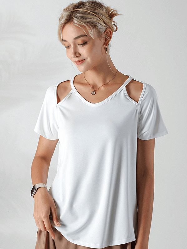 Woman wearing a white loose hollow out shoulders t-shirt for running, perfect for yoga and fitness. SF1289. Polyester-spandex blend.