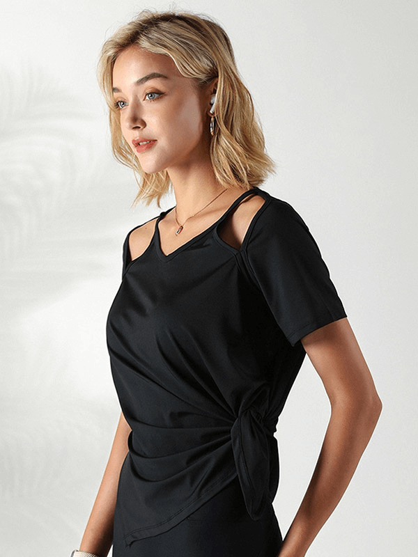 Model wearing black women's loose hollow-out shoulders t-shirt for running, featuring comfort fit and stylish design, SF1289