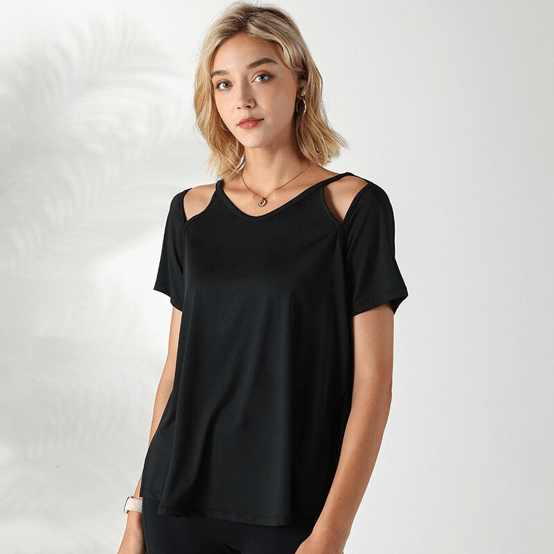 Women's loose hollow-out shoulder black t-shirt for running, showcasing breathable polyester-spandex blend and comfort fit.