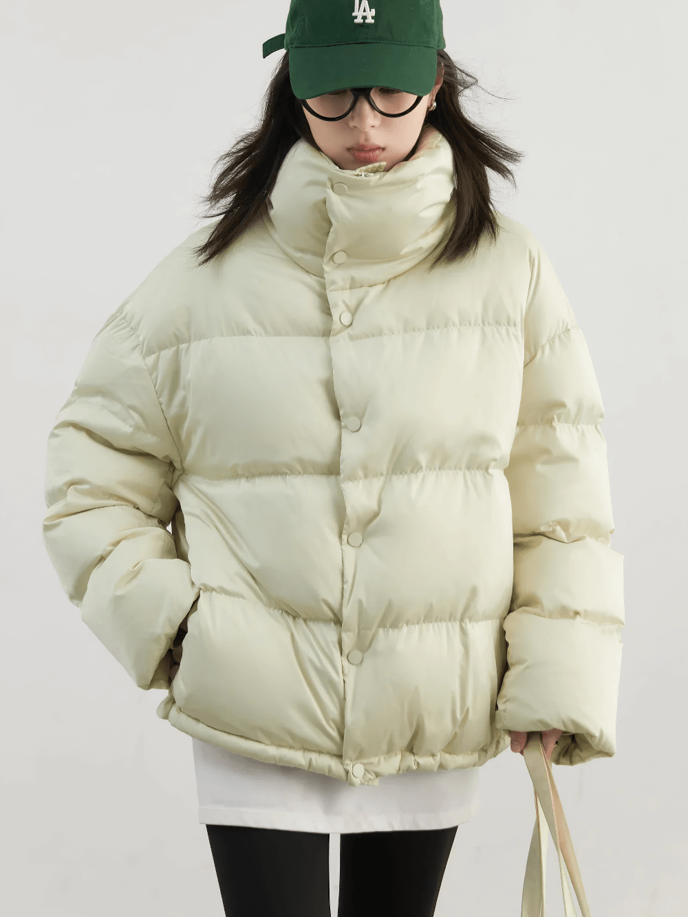 Women's Loose Stand Collar Duck Down Winter Jacket in cream, model SF2310, casual solid puff design for stylish warmth.