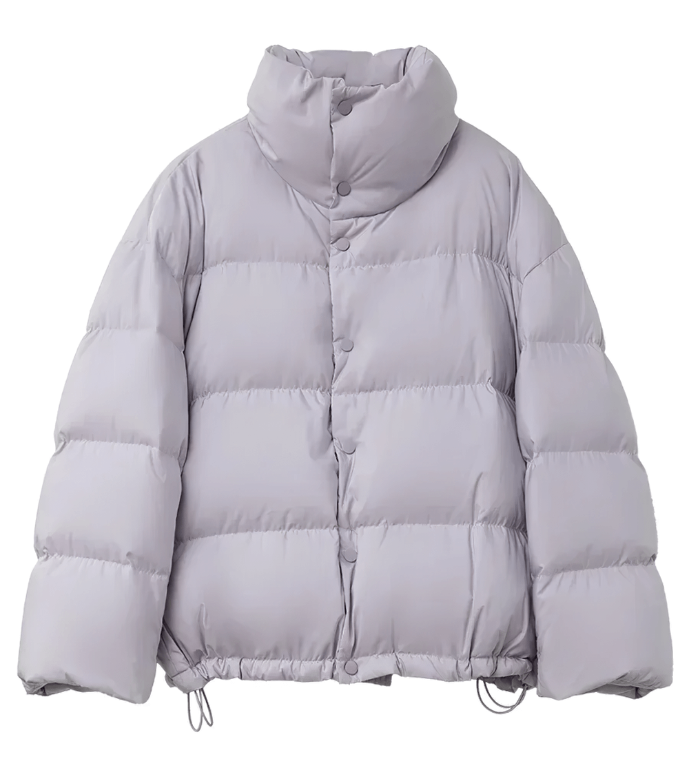 Women's loose stand collar duck down winter jacket in light gray, featuring a puff style, solid design, and cozy insulation. Model SF2310