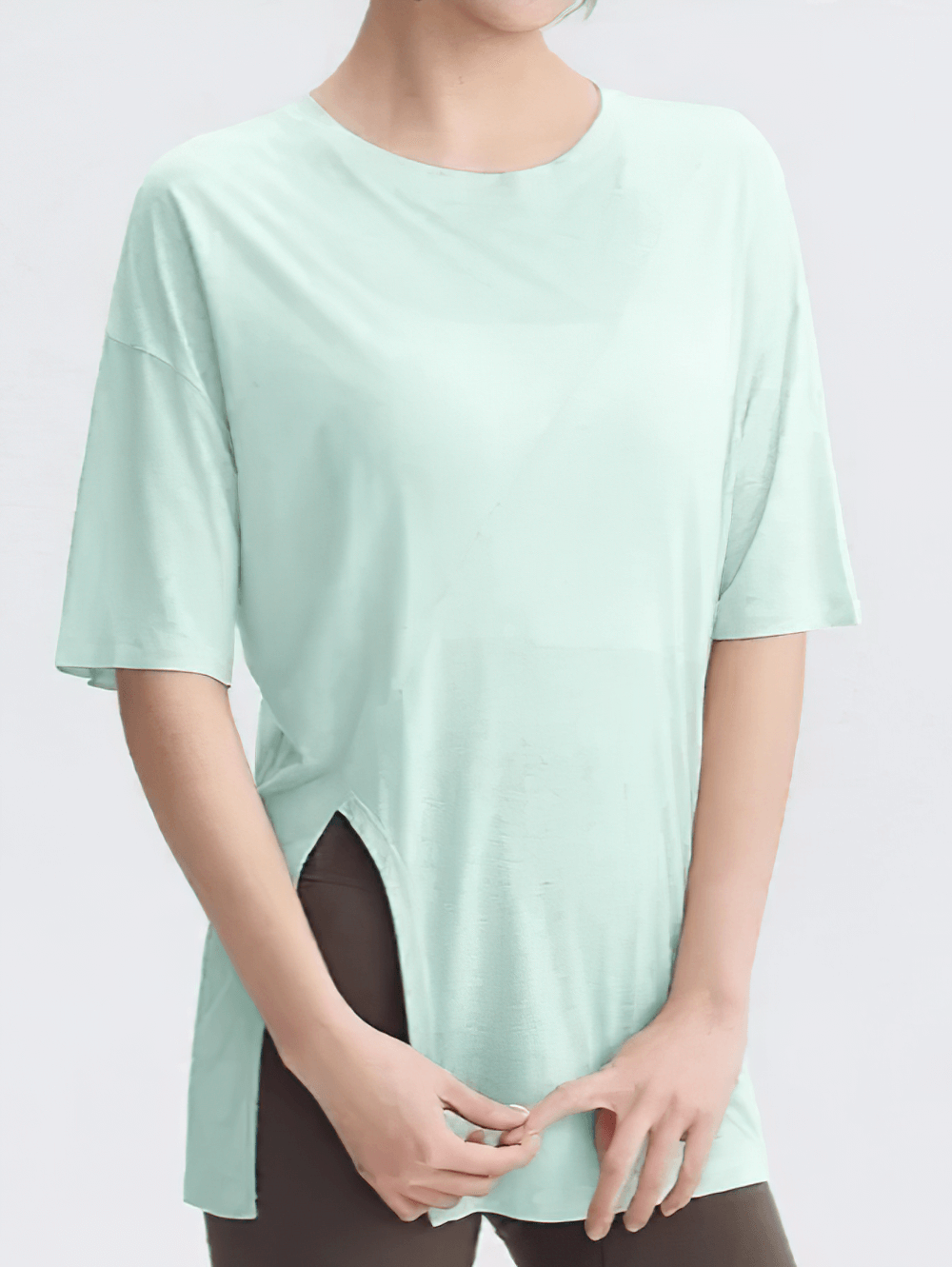 Alt Tag: Women's Loose T-Shirt Yoga Tee with Open Hem Split - SF4372 mint green loose-fit breathable yoga tee with side split hem