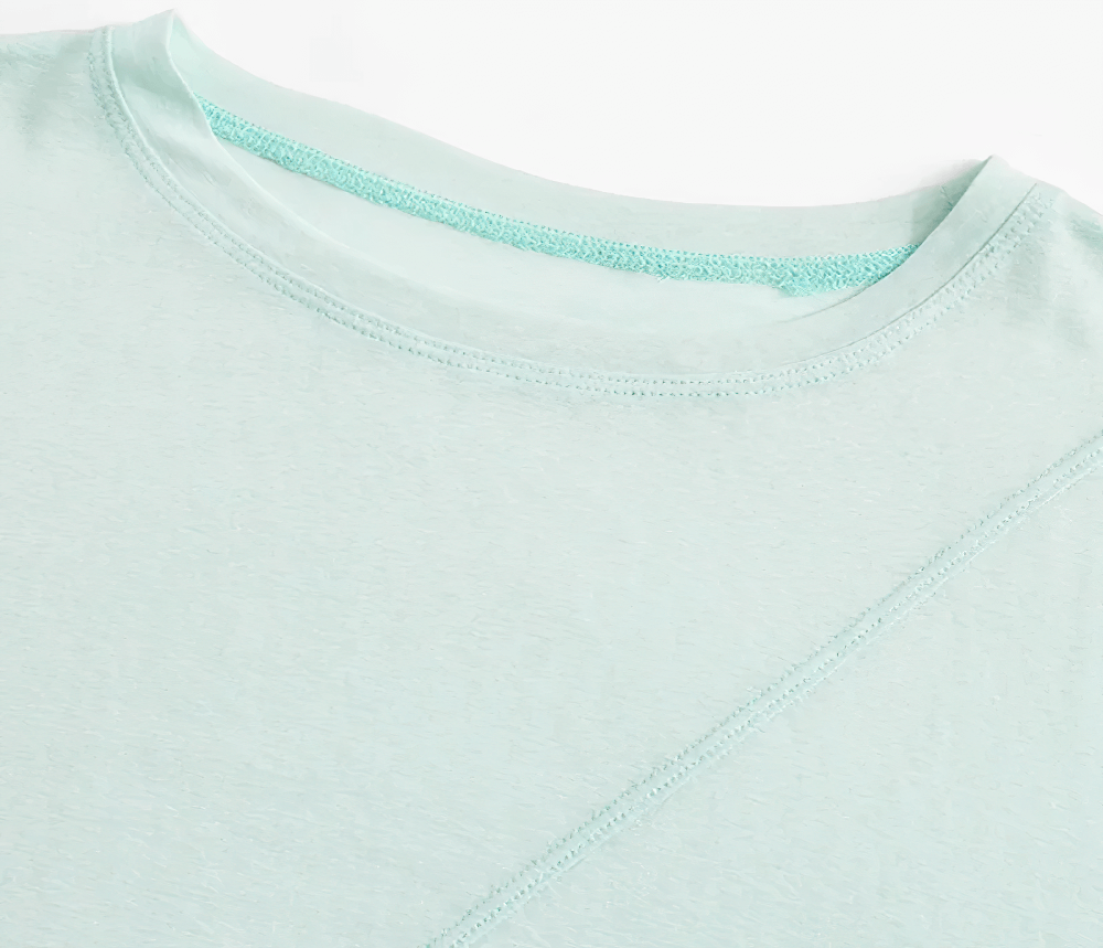 Alt Tag: Women's Loose T-Shirt Yoga Tee with Open Hem Split - SF4372 mint green round neck close-up, soft breathable quick-dry fabric